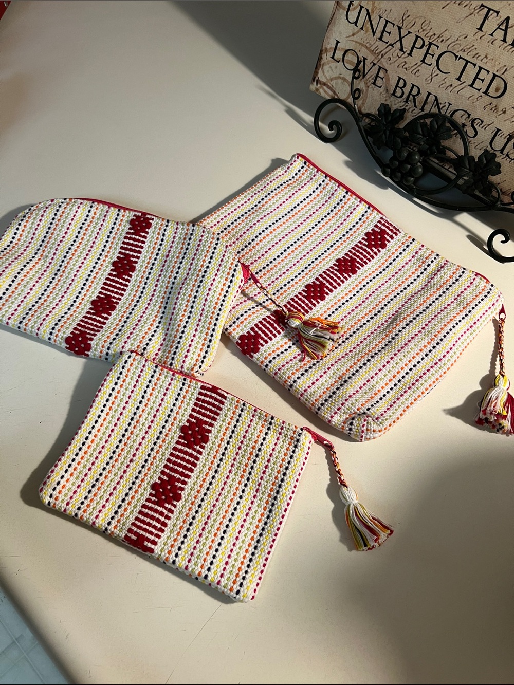 Handwoven Multicolor Zip Pouch Set with Red Stripe and Tassels